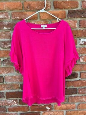 Umgee Hot Pink Fringe Sleeve Women's Top M Oversized Linen Blend